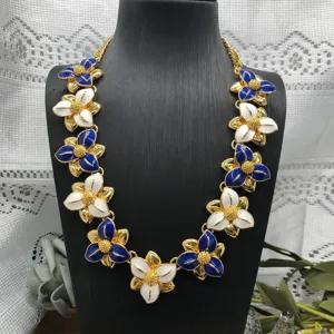 Vintage Blu Bianco Smalto Floreale Collana Orecchini Set Stile Palazzo Lega Oro Brillante Moda Gioielli Regalo