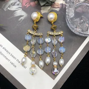 Vintage antique style crystal pearl tassel earrings elegant retro drop jewelry for women