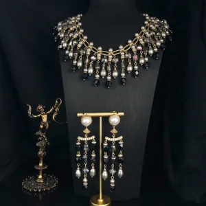 Vintage baroque crystal pearl tassel necklace and earrings set for women retro style.