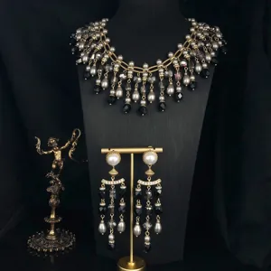 Vintage crystal pearl tassel necklace earrings set, antique gold finish fashion jewelry details.