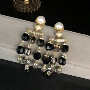 Vintage baroque style multi-strand crystal pearl tassel earrings elegant retro fashion jewelry.