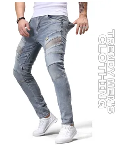 Vaqueros slim biker para hombre, lavado vintage, diseño de parches desgastados, detalle.