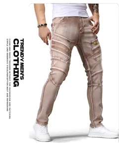 Jeans de moto slim fit para hombre, pantalón de mezclilla elástica desgastada, marrón.