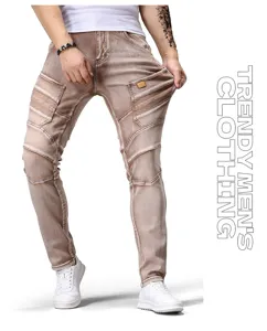 Vaqueros pitillo ajustados de hombre marrón retro biker patchwork pantalón de moda nuevo