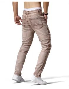 Vaqueros hombre slim fit biker vintage lavado marron stretch pantalones de denim casual