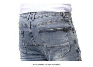 Jeans ajustados de hombre patchwork moto vintage lavado desgastado pantalón denim trasero.