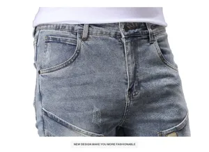 Jeans de hombre patchwork estilo moto corte slim vintage lavado pantalón casual de moda