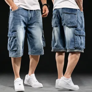Men's denim cargo shorts casual loose fit multi-pocket knee-length streetwear summer fashion.