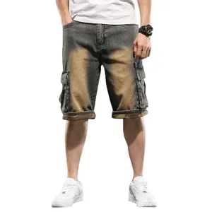 Men's denim cargo shorts casual loose multi-pocket knee length summer streetwear