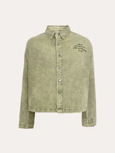Heren lichtgroene denim jas, niet-elastische korte losse pasvorm lente streetwear kleding.