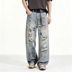 Mens Casual Loose Straight Denim Jeans Blue Distressed Graffiti Printed Streetwear Long Trousers