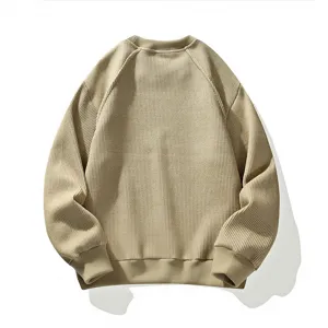 Men's casual crewneck waffle knit pullover sweater in khaki, stylish basic long sleeve top main view.