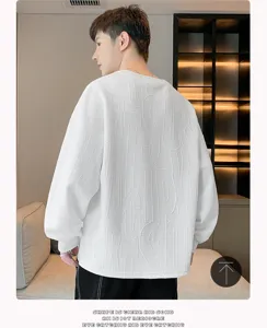 Men's casual loose long sleeve white pullover sweatshirt with stylish embossed letter design.