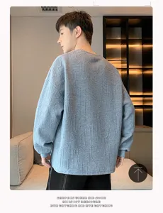 Men's grey embossed long sleeve sweatshirt, casual loose pullover top with texture.