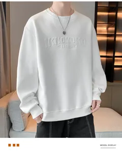 Mens heavyweight crewneck sweatshirt with embossed letters loose long sleeve casual top