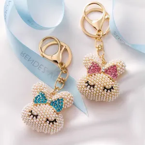 Cute Rabbit Head Keychain Pearl Rhinestone Bow Metal Key Chain Women Bag Charm Fashion Jewelry Gift