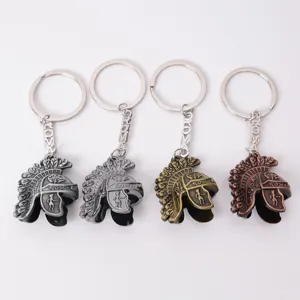 Metal Roman soldier helmet keychain, vintage design with keyring in four metallic colors.