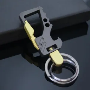 Multi-functional metal car keychain with carabiner and double rings, tactical hardware detail.