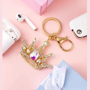 Shiny crystal crown keychain gold metal rhinestone car key ring cute bag pendant accessory gift