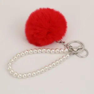 Cute Rex Rabbit Fur Ball Pearl Bracelet Keychain Bag Car Pendant Plush Hanging Ornament Creative Gift