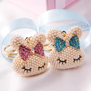 Cute pearl rabbit keychain with rhinestone bow pendant shiny bag charm accessory gift