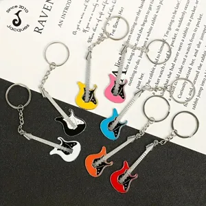 Colorful metal guitar keychains, fashion music pendant key rings for keys, bags, and accessories.