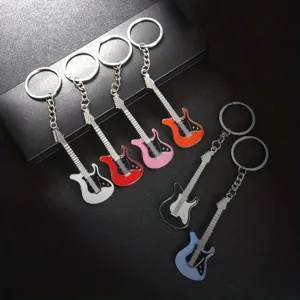Detailed view of colorful metal guitar keychains, featuring multiple vibrant shades for music fans.