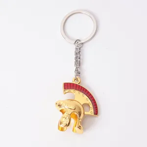 Detailed view of the vintage Roman soldier helmet keychain charm with metal keyring.