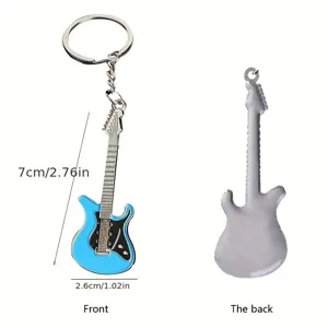 Metal guitar keychain with split ring, blue electric guitar pendant, stylish music gift.