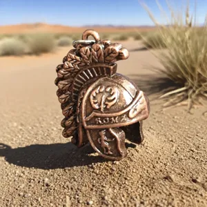 Detailed view of vintage bronze Roman soldier helmet keychain pendant, retro metal artifact.