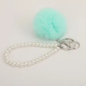 Fluffy mint green fur pom-pom pearl bracelet keychain cute bag hanging gift