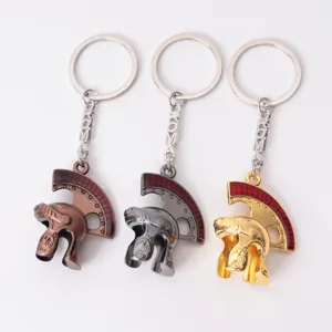 Metal 3D Roman soldier helmet keychain, vintage alloy ring, detailed retro accessory.