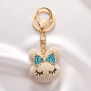 Pearl rhinestone rabbit head keychain cute metal bag charm pendant for women girls accessories