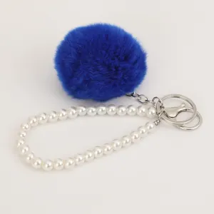 Blue faux rabbit fur pom pom pearl bracelet keychain cute bag charm and car pendant accessory