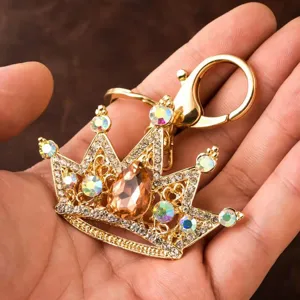 Close-up of sparkling rhinestone crown keychain showing exquisite crystal inlay and sturdy clasp.