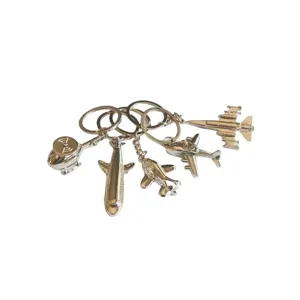 Metal airplane keychain set featuring various aircraft models like jets and helicopters, keyring.