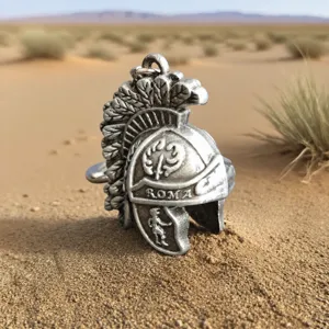 Detail view of a retro zinc alloy Roman soldier helmet keychain, vintage silver pendant design.