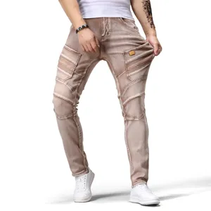 Jeans hombre slim fit biker desgastado vintage marron pantalones denim con bolsillos