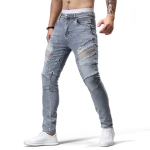 Jeans ajustados de motorista para hombre azul claro lavado desgastado denim tendencia