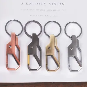 Detailed shot of four metal car keychains in copper gunmetal gold and silver finish.