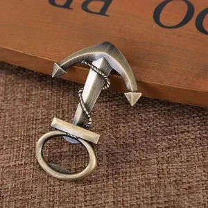 Retro metal anchor bottle opener detail showing textured rope and antique bronze finish clearly.