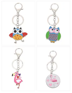 Gedetailleerd overzicht van schattige metalen sleutelhangers met uil- en flamingo-ontwerpen.