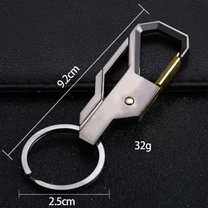 Detail view of durable metal car keychain with carabiner hook and ring, 9.2cm length.