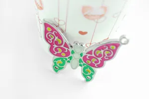 Metal butterfly keychain pendant with pink and green enamel and crystal details for wholesale.