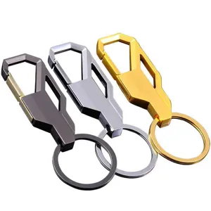 Durable metal car keychain with geometric hook design and sturdy split ring in multi colors.