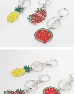 Cute metal fruit keychains featuring pineapple, strawberry, and watermelon designs for keys.