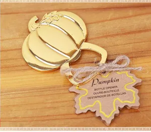 Golden pumpkin metal bottle opener with leaf tag, perfect wedding party favor gift.