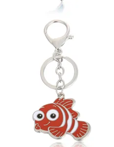 Metal cartoon fish keychain with lobster clasp and split ring. Cute accessory for keys or bags.