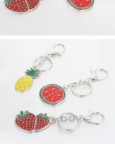 Cute cartoon fruit keychain set featuring pineapple, watermelon and strawberry designs.