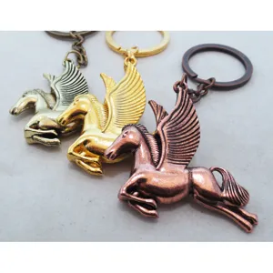 Metal winged horse keychain set, vintage style bronze gold silver pegasus key ring charms.